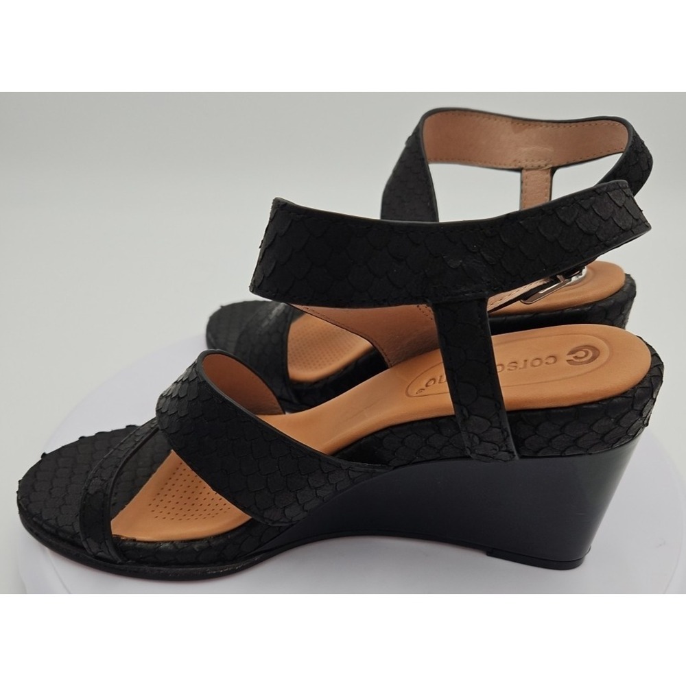 CC Corso Como NASHILA Black Leather W/7.5 Snake Accent Wedge Strappy Sandal NWOB - Picture 7 of 15